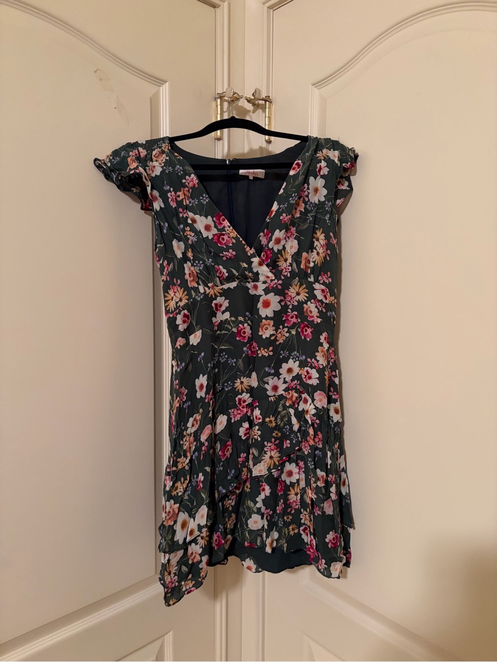 Parker Floral V-Neck Dress in Green with Pink, White & Orange Blooms